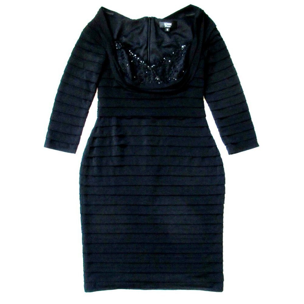 NWT TADASHI Collection Shutter Pleat Sheath in Black Beaded Lace Bust Dress S